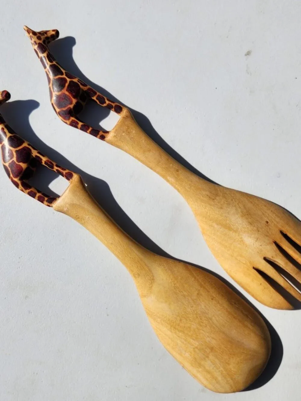 New Hand Carved Wood Giraffe Fork Spoon Serving Set Safari African Folk Art Home